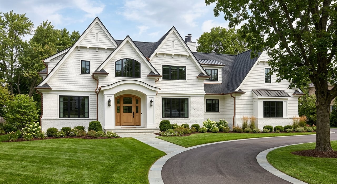 White-shingled suburban home with an arched entry, black-grid windows, and a bluestone walk beneath a bur oak.