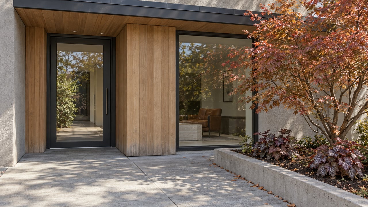 Contemporary entry with oak cladding, dark-framed glass, concrete paving, and a russet Japanese maple in a raised bed.