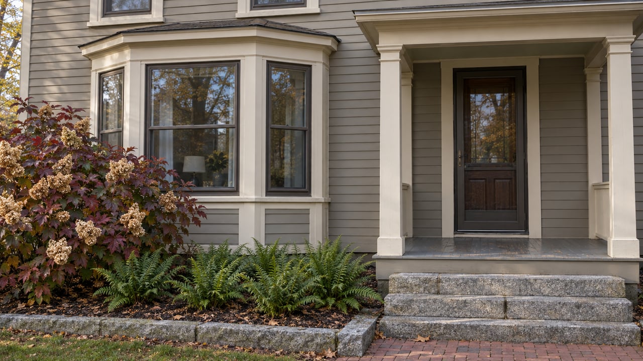 Gray clapboard home with a cream-trimmed bay window, sheltered oak entry, granite steps and autumn oakleaf hydrangea.