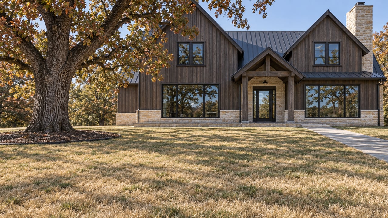 Timber-and-limestone estate beyond a broad straw-colored autumn lawn, with a mature bur oak and a sandstone entry walk.