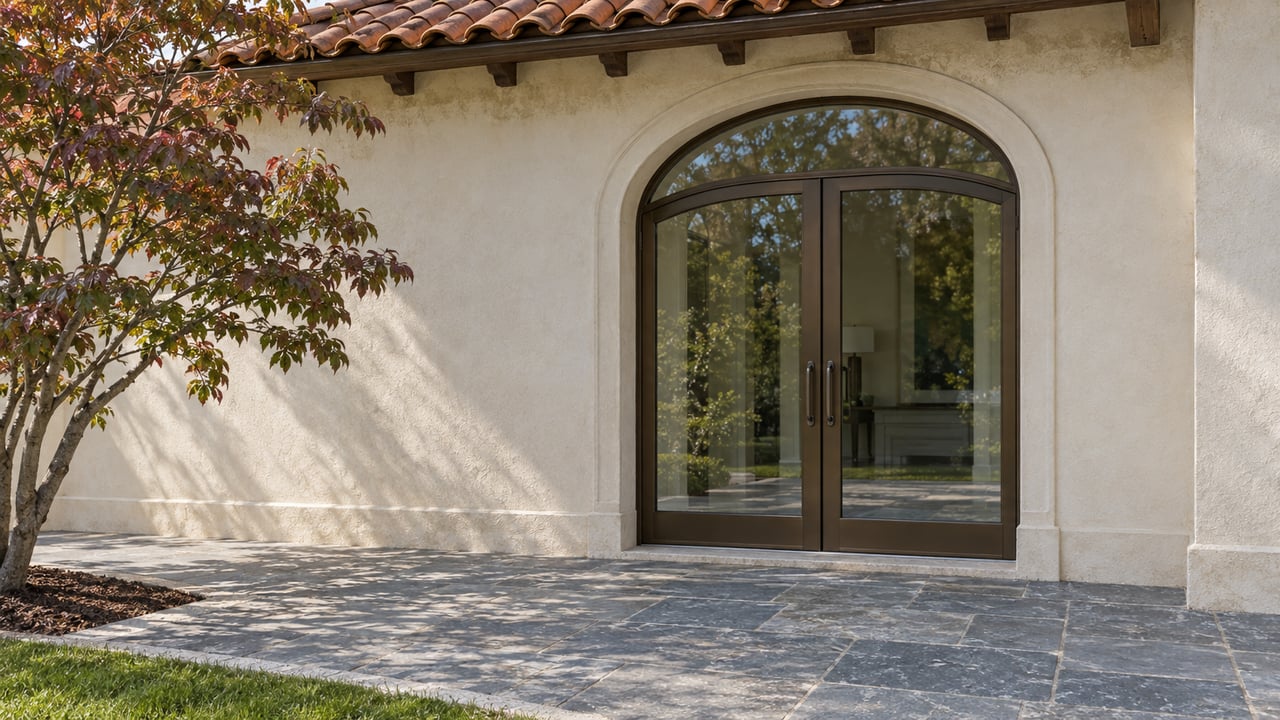 Cream stucco home with an arched bronze-framed glass entry, terracotta roof tiles and a blue-gray stone terrace beside a dogwood tree.