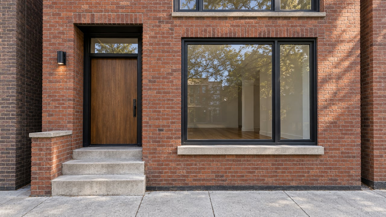 Close architectural photograph of a red-brick townhouse entrance with limestone steps, a walnut door and tall black-framed windows.