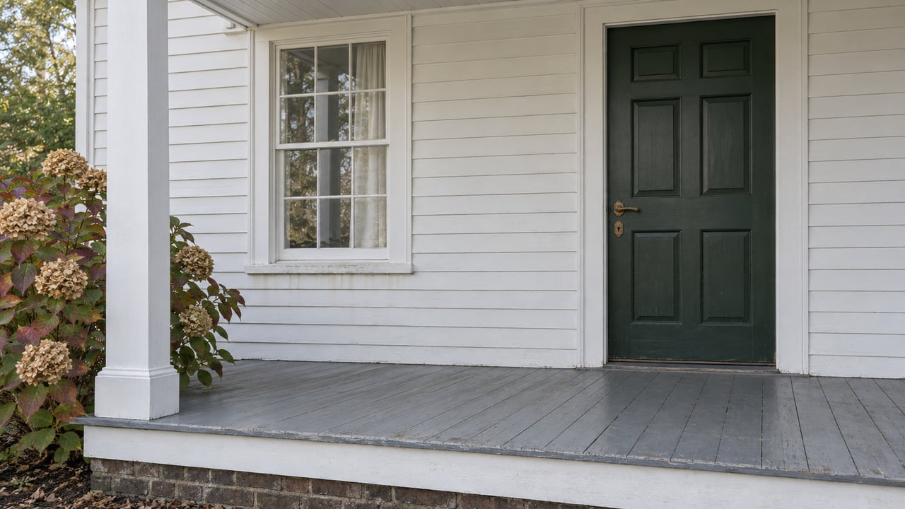 White clapboard porch with a bottle-green door, tall sash window, weathered gray floorboards and faded autumn hydrangea.