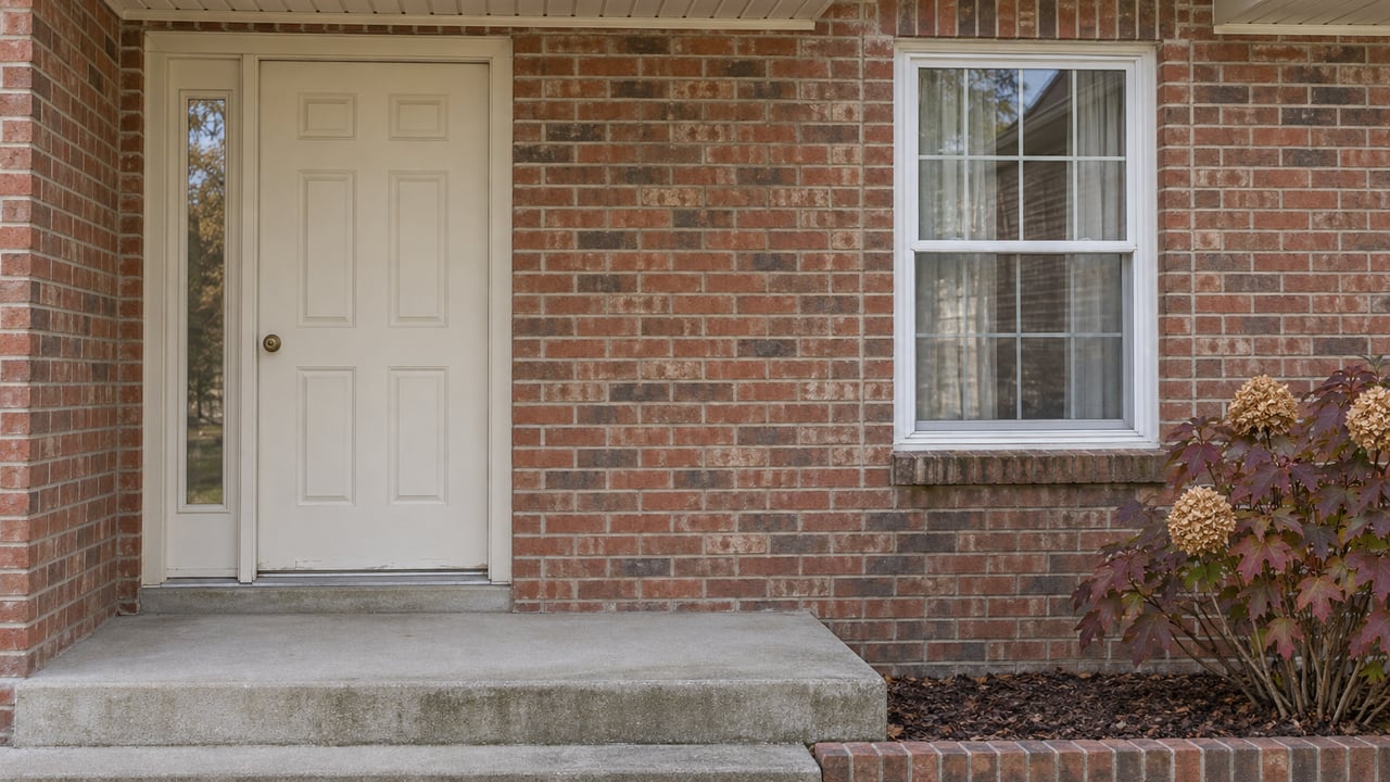 Close view of a brick home's cream entry door and window above a concrete porch step, beside oakleaf hydrangea with autumn leaves.