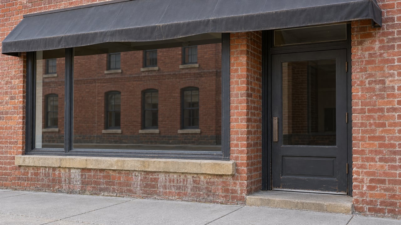 Older red-brick storefront with a charcoal awning, broad display window and recessed glazed wooden door beside a worn concrete sidewalk.