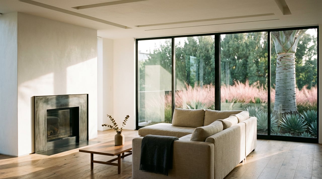 Open-plan living room with an oatmeal sectional, black steel fireplace, oak floors, and dense planting beyond tall windows.
