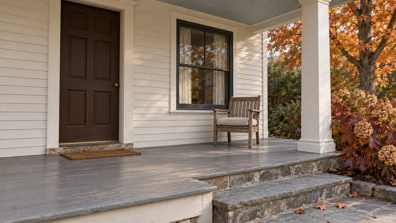 Home entrance with a dark paneled door, wooden porch chair, and stone steps amid autumn foliage.