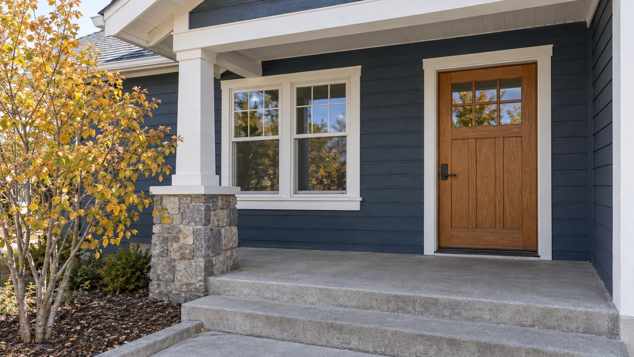 Close view of a blue-sided home's covered entry with an oak door, white-trimmed paired window, stone porch pier and gold-leaved serviceberry.