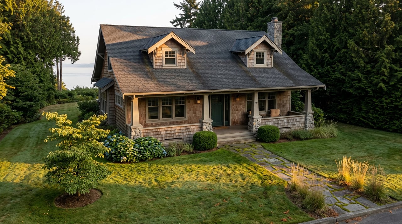 Craftsman-style house with stone porch columns, a flagstone lawn path, and distant water between trees.