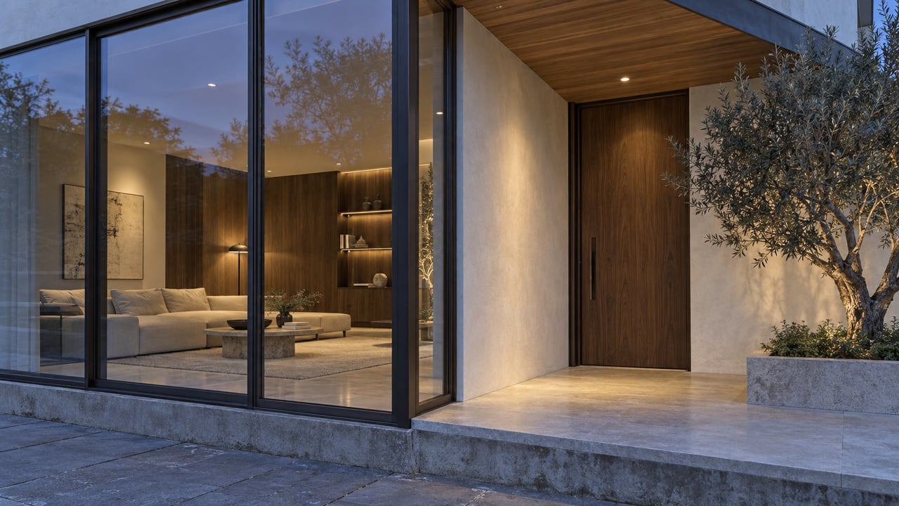 Two-story home with full-height glass, warm-lit living room, recessed walnut door, and olive tree beside the entry.