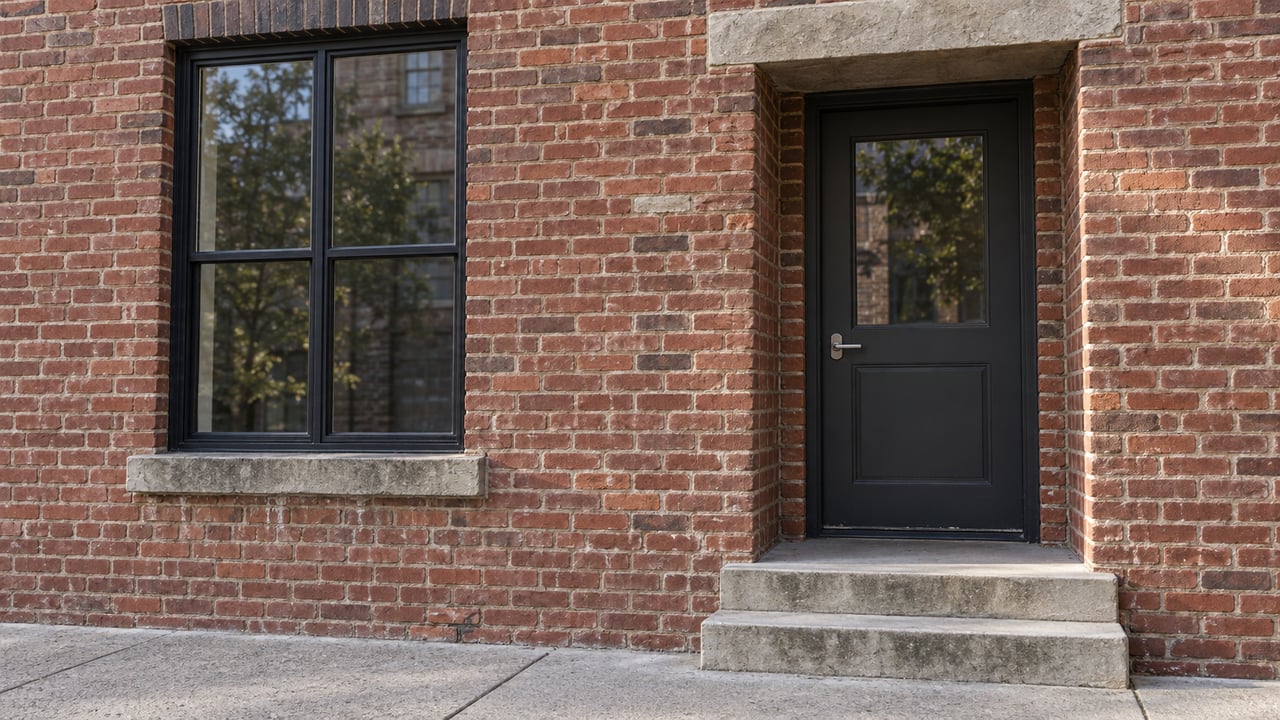 Weathered red-brick residential entrance with a charcoal door, tall steel-framed window, and shallow concrete steps in morning light.