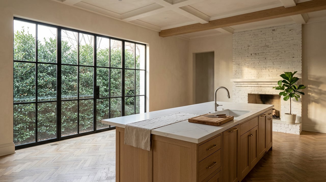 Kitchen with a white quartz-topped oak island, black steel window, holly hedge, and painted-brick fireplace.