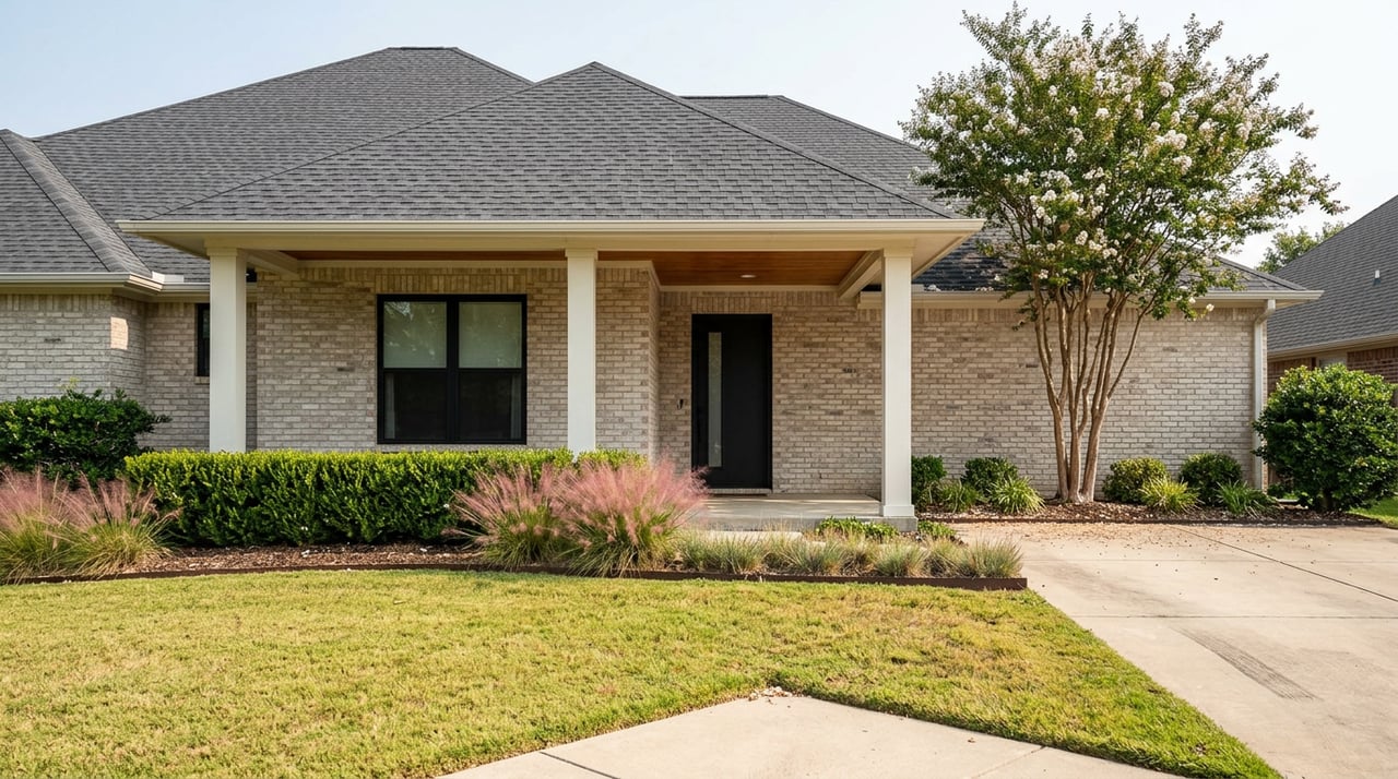 Light-gray brick farmhouse with a covered white-column porch, black entry door, lawn, and flowering tree.