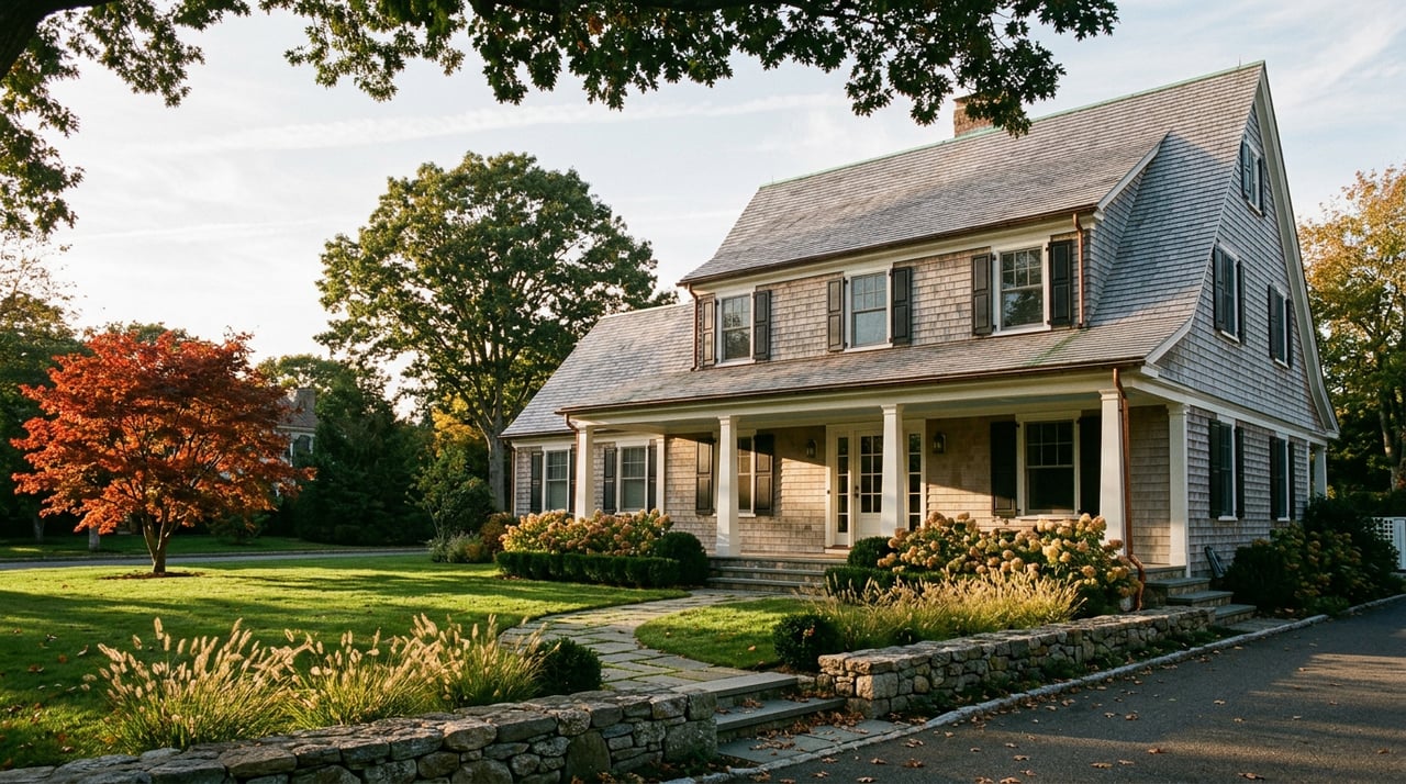 Shingle-style coastal home with a covered porch, bluestone walkway, fieldstone wall, and red-orange maple.