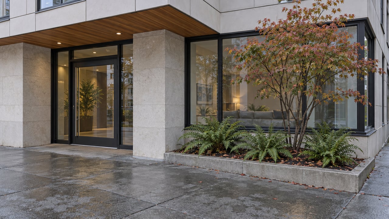 Residential building corner with a glazed lobby, wraparound window, cedar soffit, and tree-filled planter beside the sidewalk.