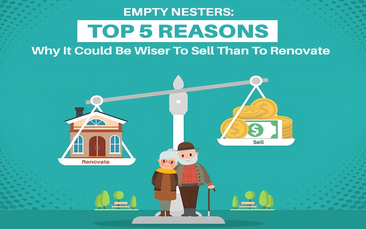 Infographic comparing renovating a house with selling it for money, with an older couple beneath the balance scale.
