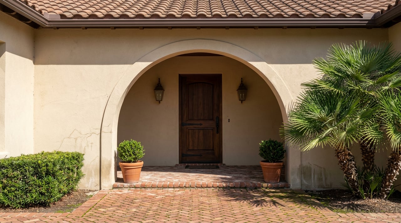 Arched stucco entry beneath terracotta roof tiles, with a walnut door, iron sconces, and brick pavers.