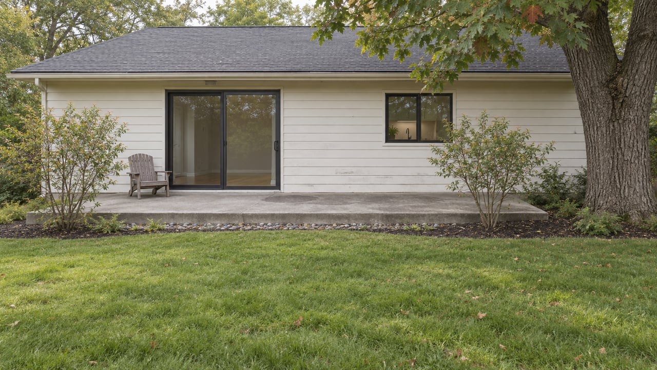 One-story house with sliding glass door and concrete patio beyond lawn, beneath an oak tree.