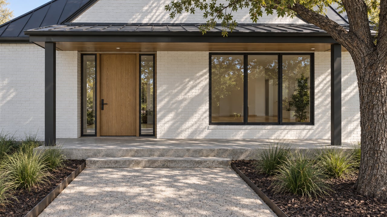 White-painted brick home with a sheltered oak entry door, dark-framed window and concrete approach beneath a mature live oak.