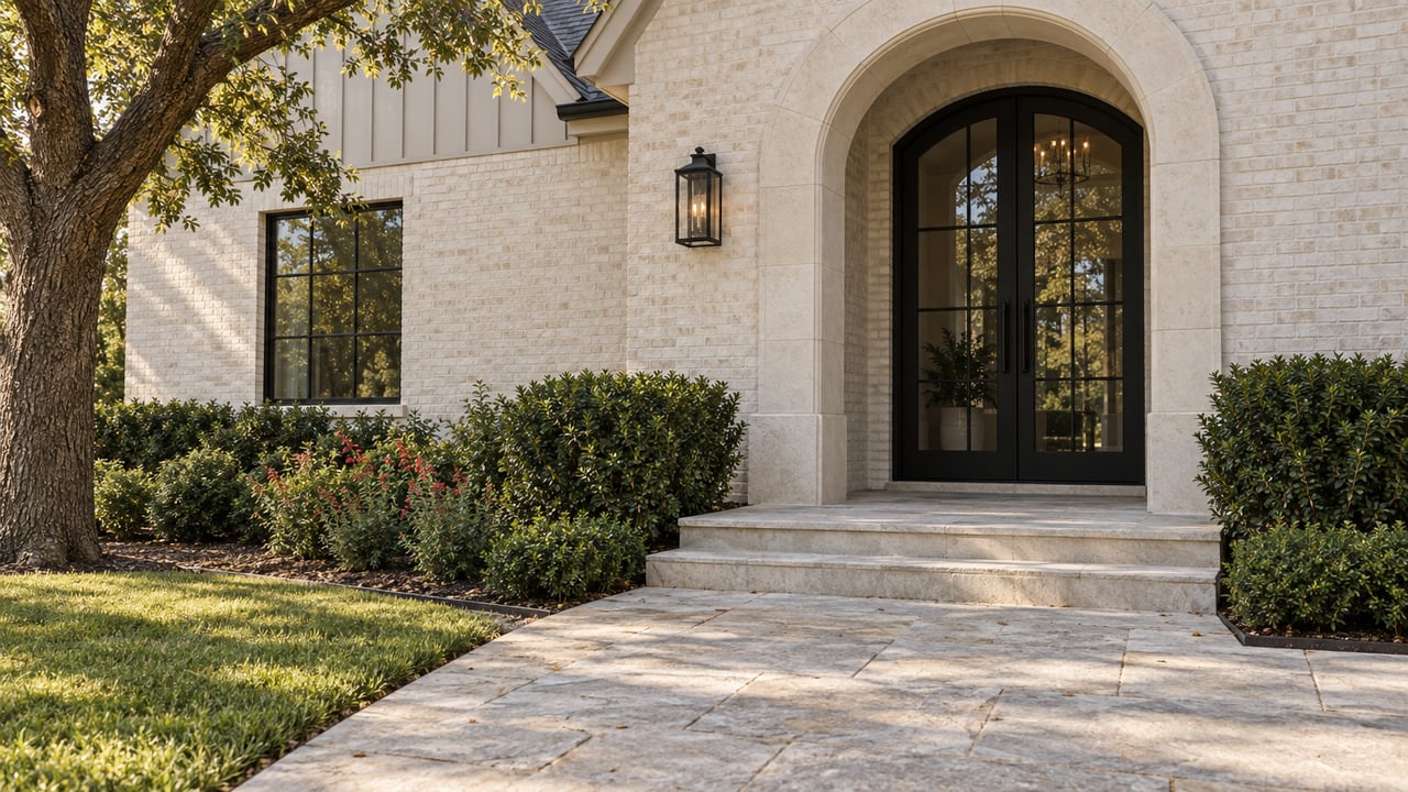 Pale brick house with an arched black-glass entry, limestone approach, clipped shrubs, and oak tree.