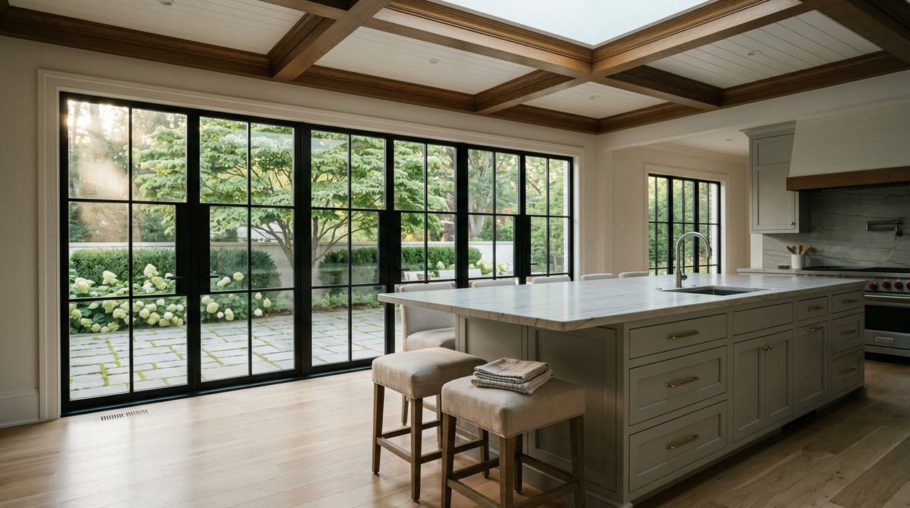 Open kitchen with a quartzite island beneath oak-beamed ceilings, overlooking a bluestone terrace through black-framed glass doors.