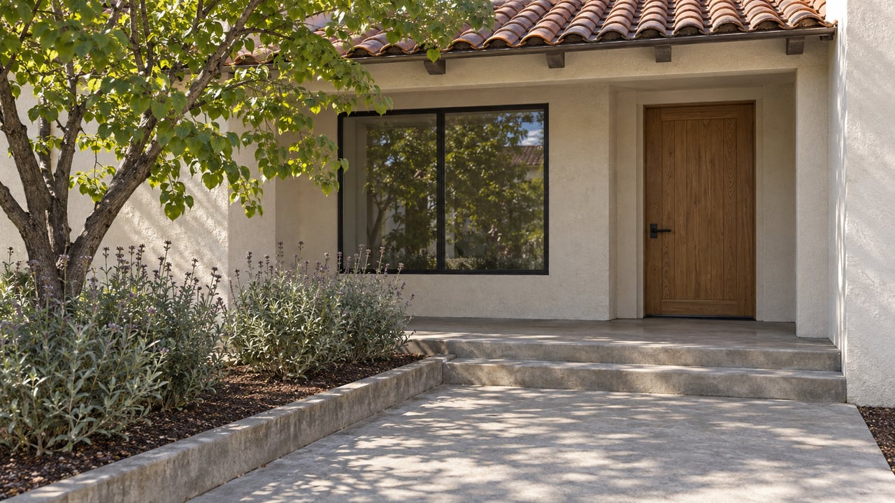 Morning light on a stucco home's tiled roof, oak front door, black-framed window, and concrete entry court beside a branching redbud tree.