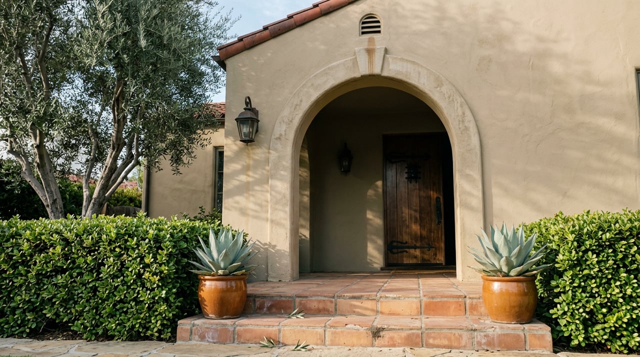Stucco arched entry with terracotta steps, agave pots, and a partly open wood door in shadow.