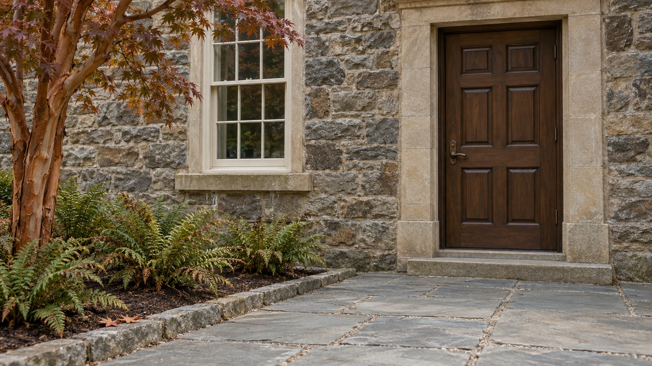 Weathered fieldstone home with a walnut entrance door, cream sash window and flagstone approach beside an autumn paperbark maple.