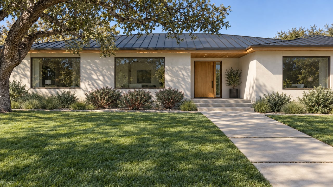 Updated single-story home with ivory stucco, honey-colored wood, bronze-framed windows and a deep lawn beneath a mature oak.