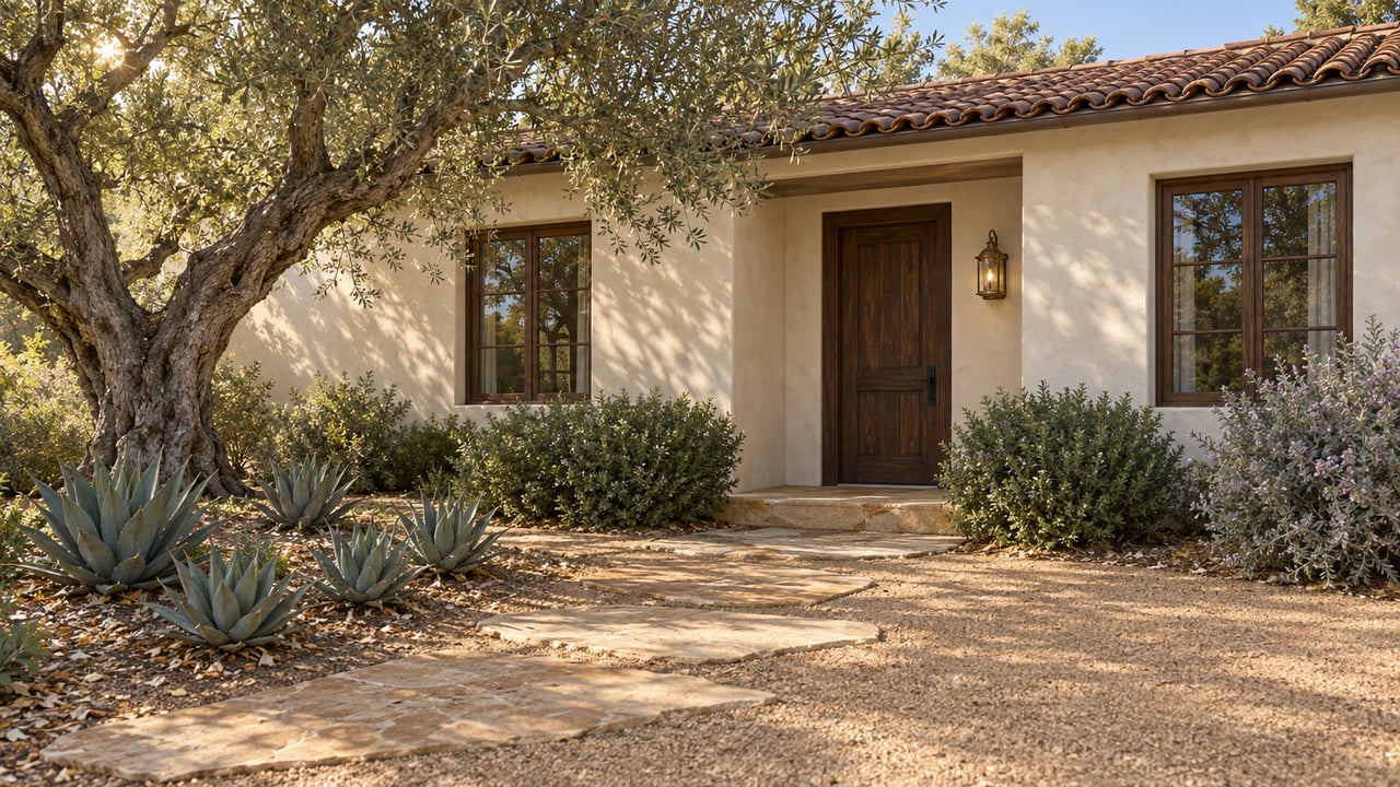 Cream-stucco, terracotta-tiled home framed by an olive tree, with sandstone slabs along the approach.