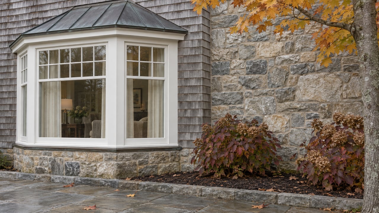 White-painted bay windows set into weathered shingles and gray stone above a bluestone terrace, with burgundy oakleaf hydrangeas and amber maple leaves.