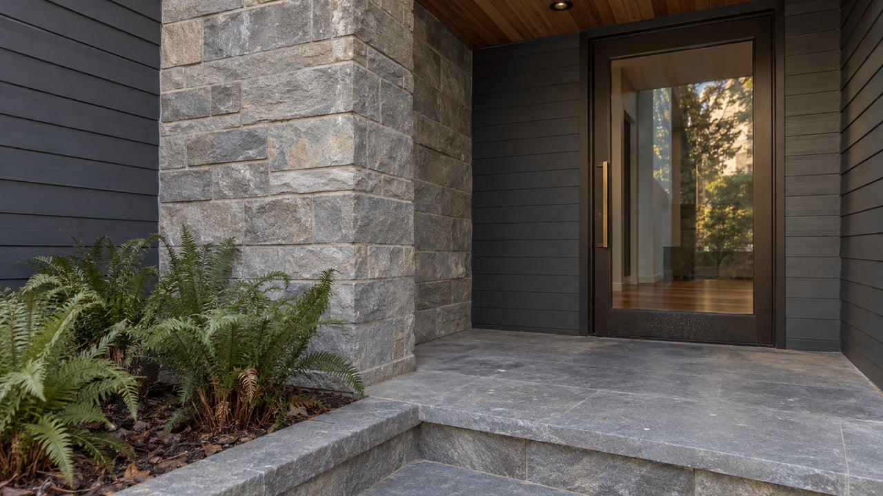 Recessed residential entrance with a bronze-framed glass door, weathered timber soffit, gray stone landing and three sword ferns.