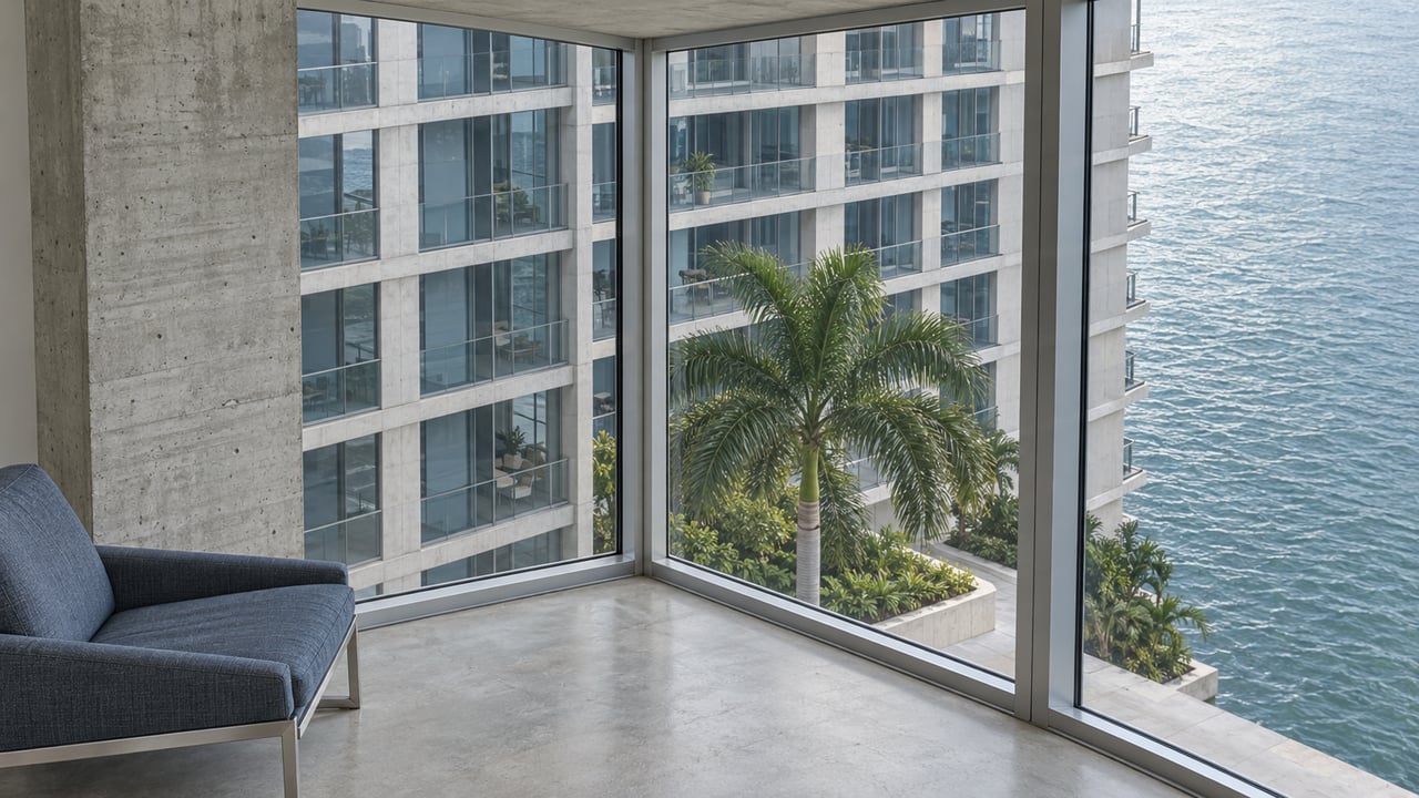 A concrete and glass condominium lounge with a slate-blue chair, overlooking teal water and a palm crown.