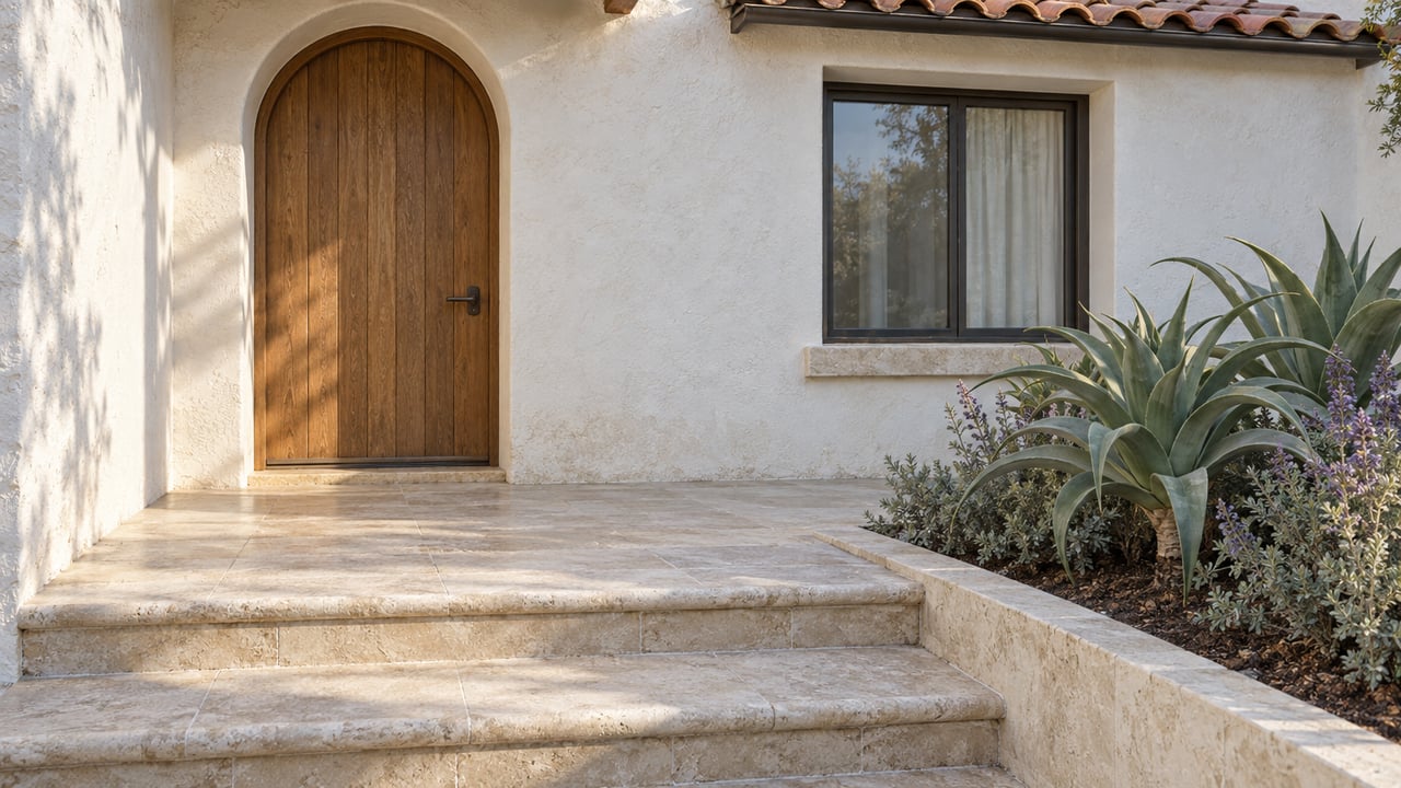 Morning light across a white stucco home's oak entrance, limestone steps and sculptural succulents.