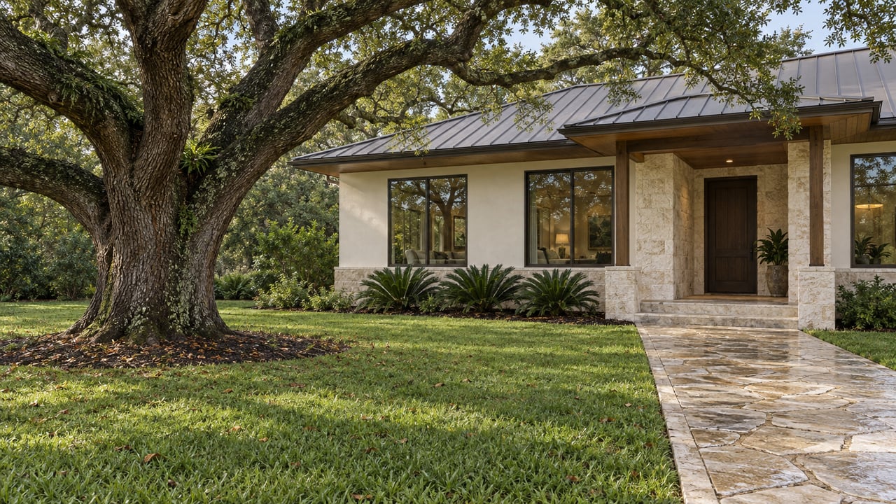 An established spreading oak shades a deep lawn beside an ivory stucco and fossil limestone home with a weathered metal roof.