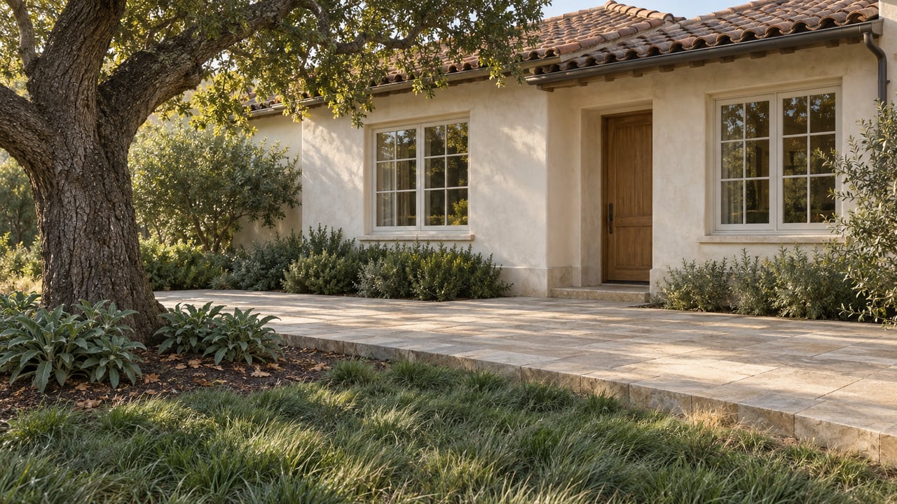 A mature oak shades a garden beside an ivory plaster home with clay roof tiles, timber windows and a limestone terrace.