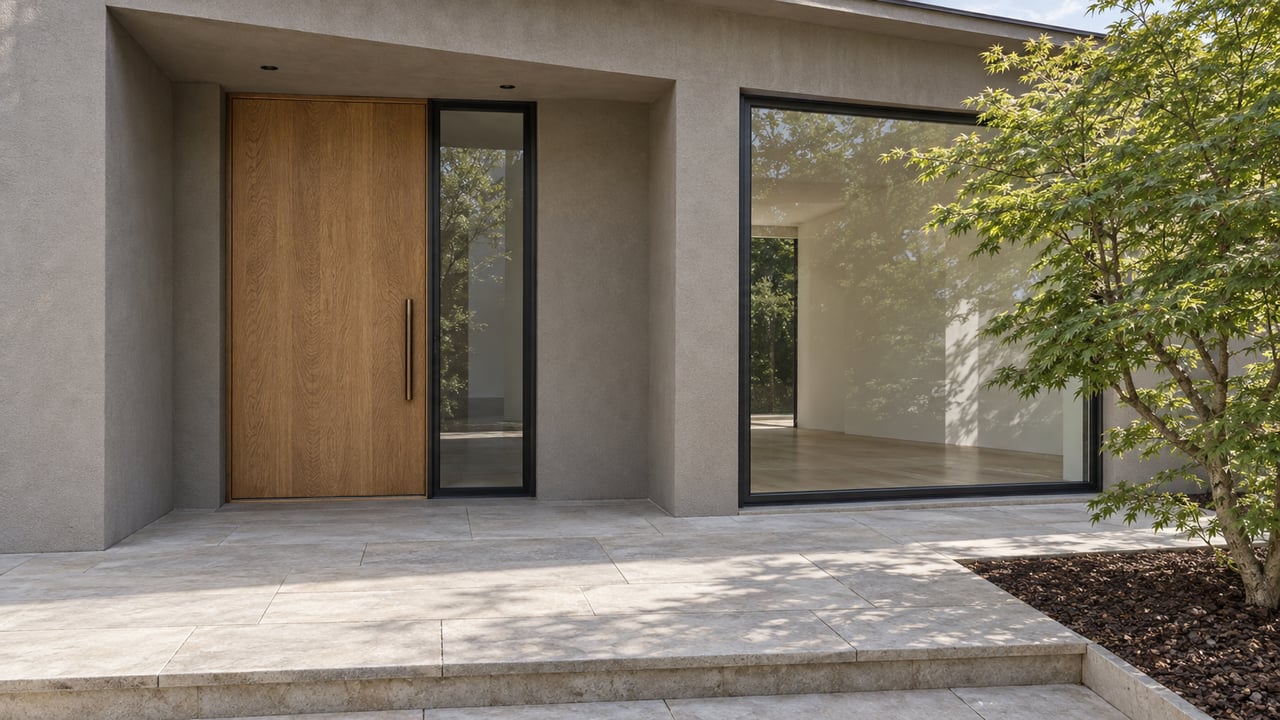A recessed oak entrance beside dark-framed glass, with warm-gray stucco, limestone steps and a Japanese maple.
