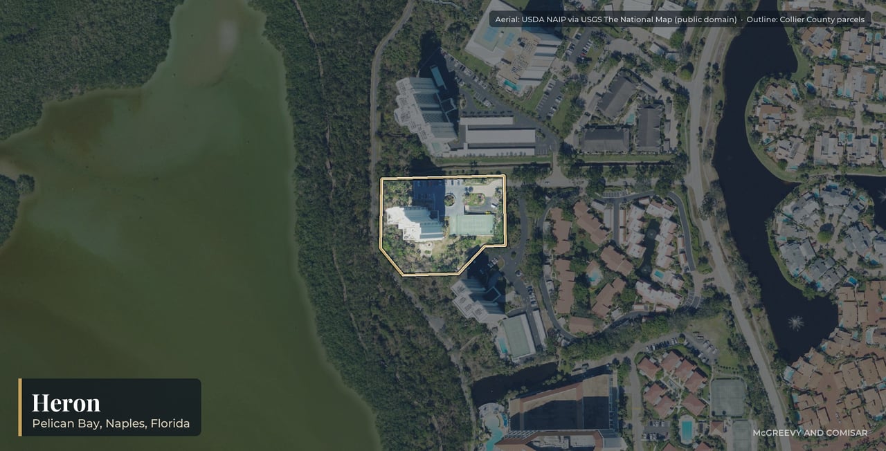 Aerial view of Heron at Pelican Bay, Naples, Florida, with its parcels outlined