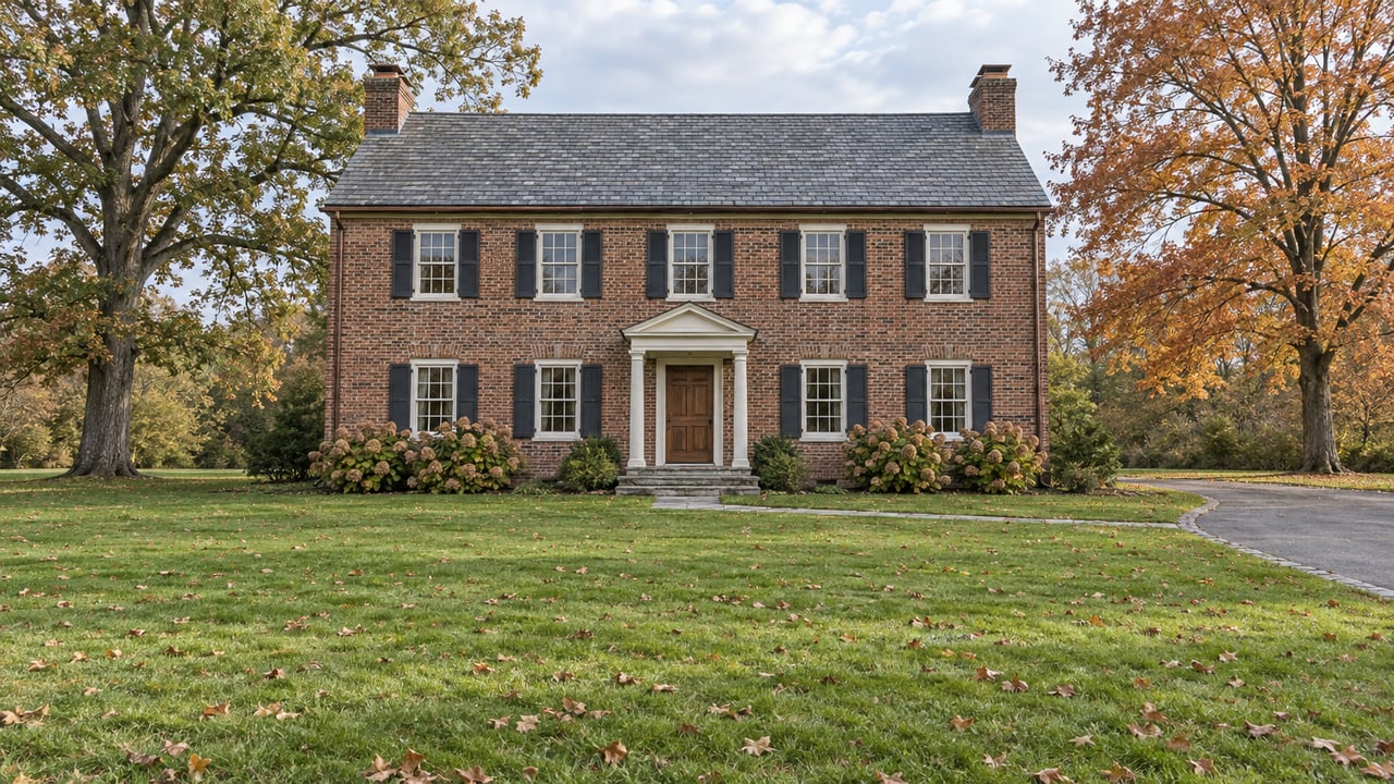 Traditional brick home beyond a broad autumn lawn, framed by mature oak and sugar maple trees.