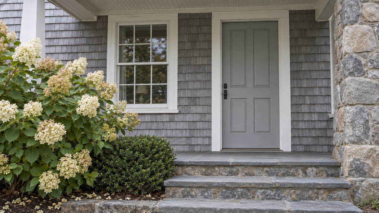 Gray-shingled porch with a white-trimmed window, pale-gray paneled door, fieldstone pier, and flowering hydrangea.