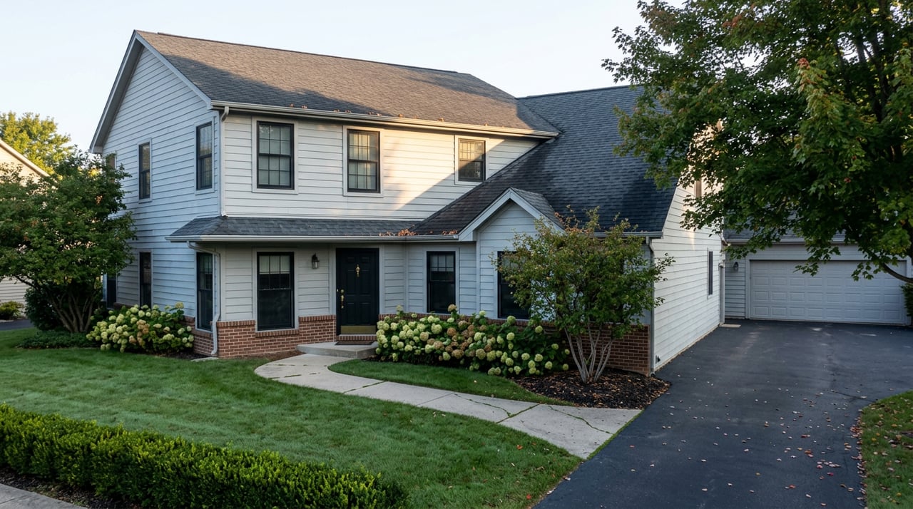 Two-story home with gray siding, brick foundation, dark roof, curved walkway, and mature maple.
