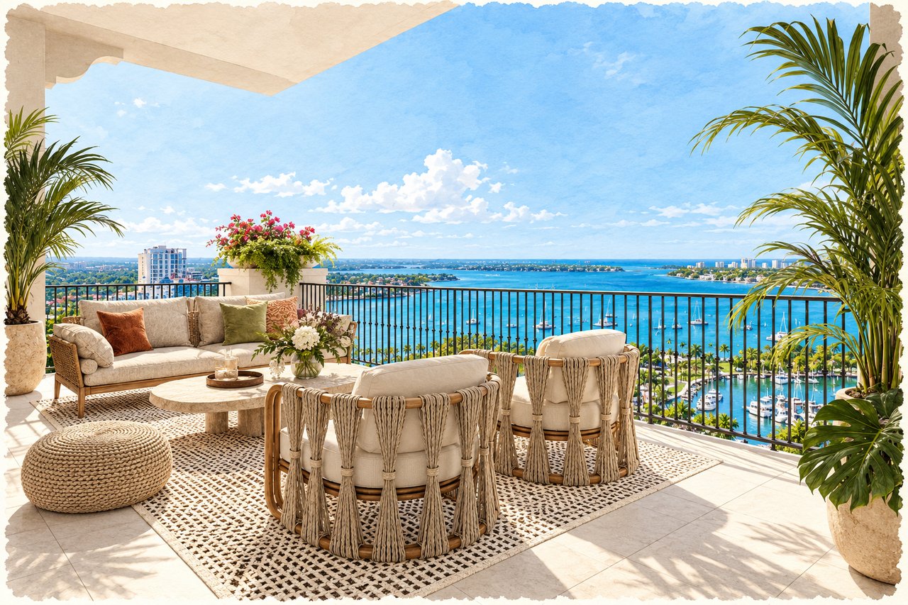 Furnished terrace overlooking a bay and marina, with woven seating and tropical plants.