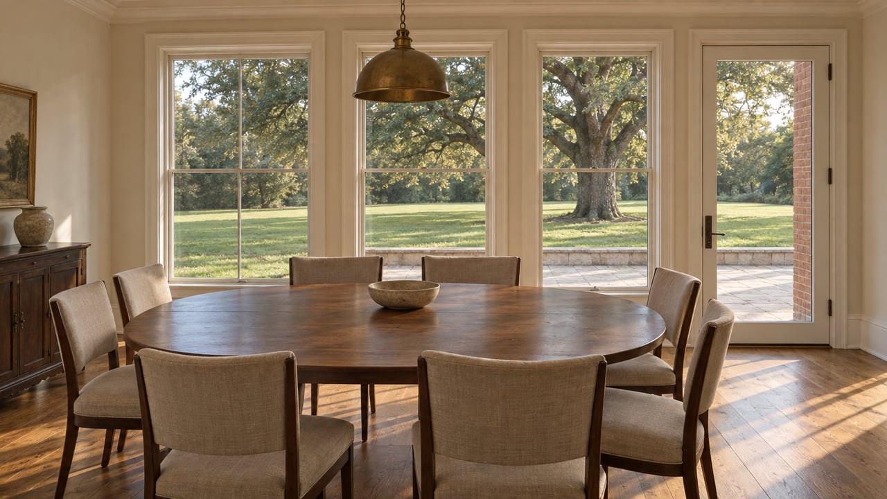 A spacious cream dining room with an oval walnut table, linen chairs and tall closed windows overlooking a limestone terrace and mature live oak.