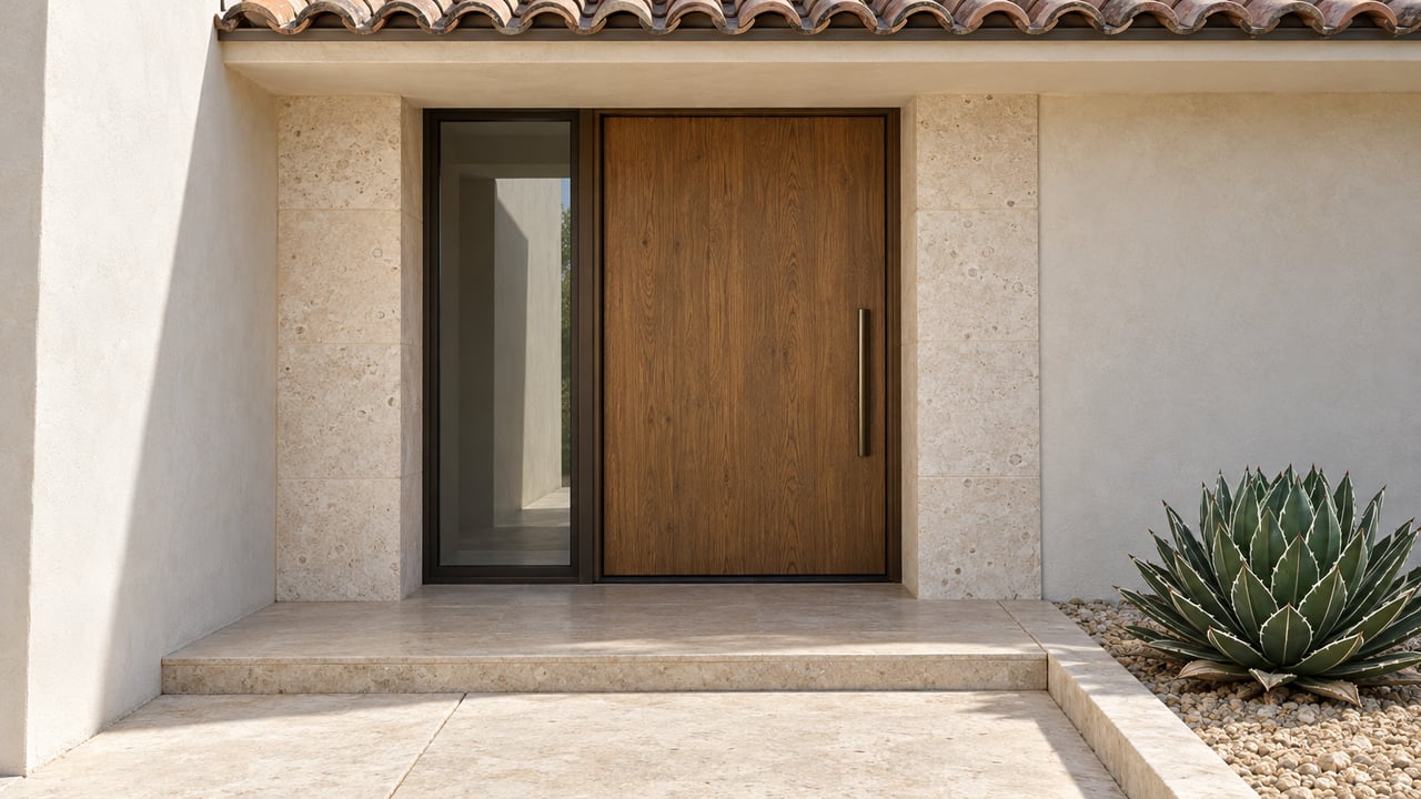Recessed oak front door with a bronze-framed sidelight, cream limestone surround and a compact agave beside the stone approach.