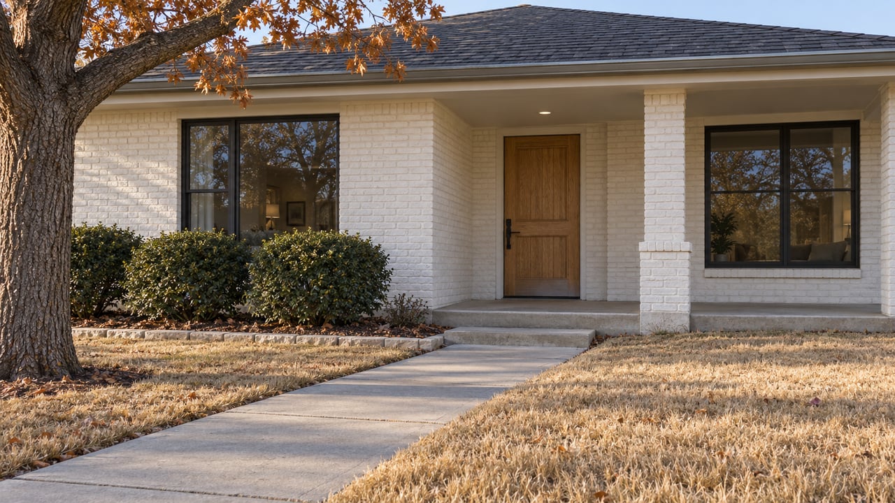 Morning light on a painted-brick home with an oak front door, covered porch and dormant lawn beneath a mature oak.