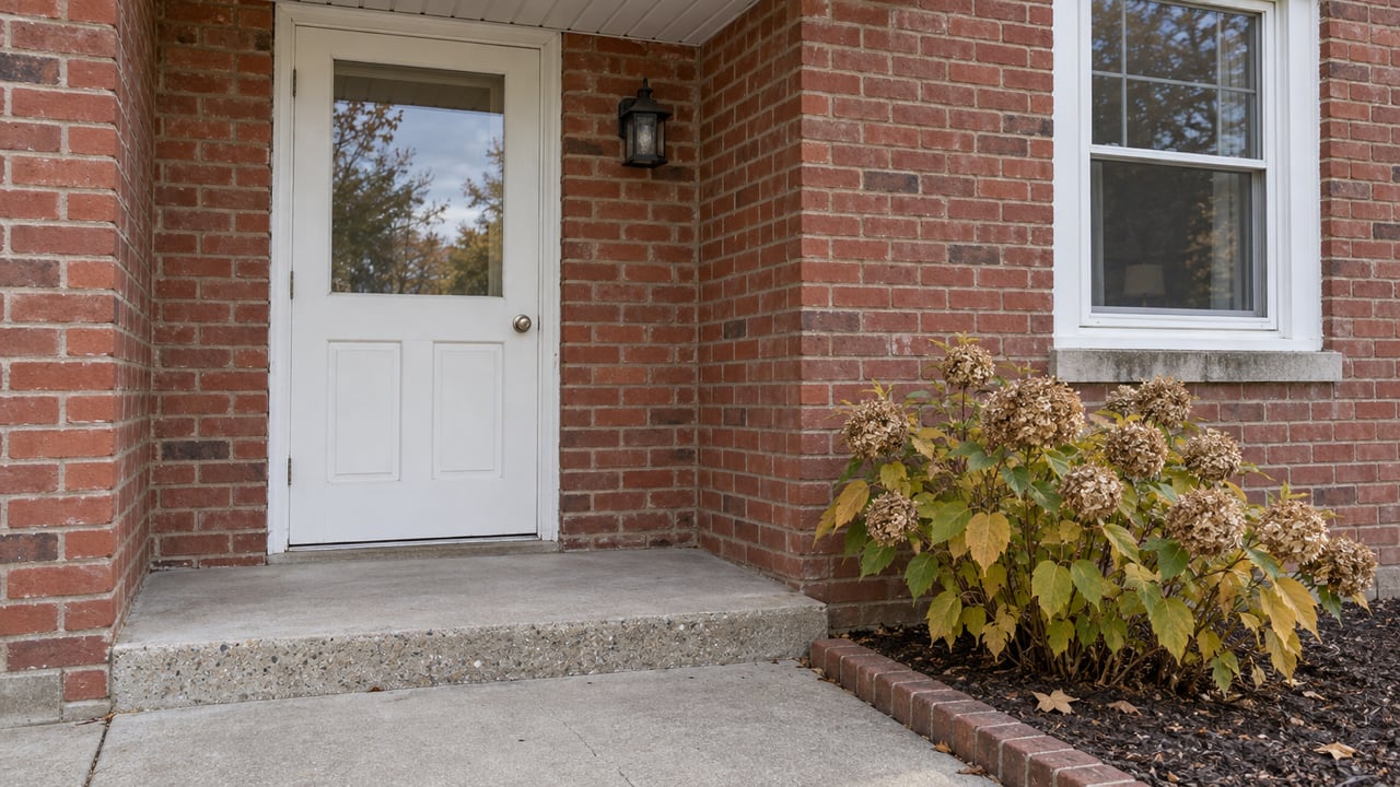White-painted front door and window in a red-brick home, above a weathered concrete step beside an autumn hydrangea.