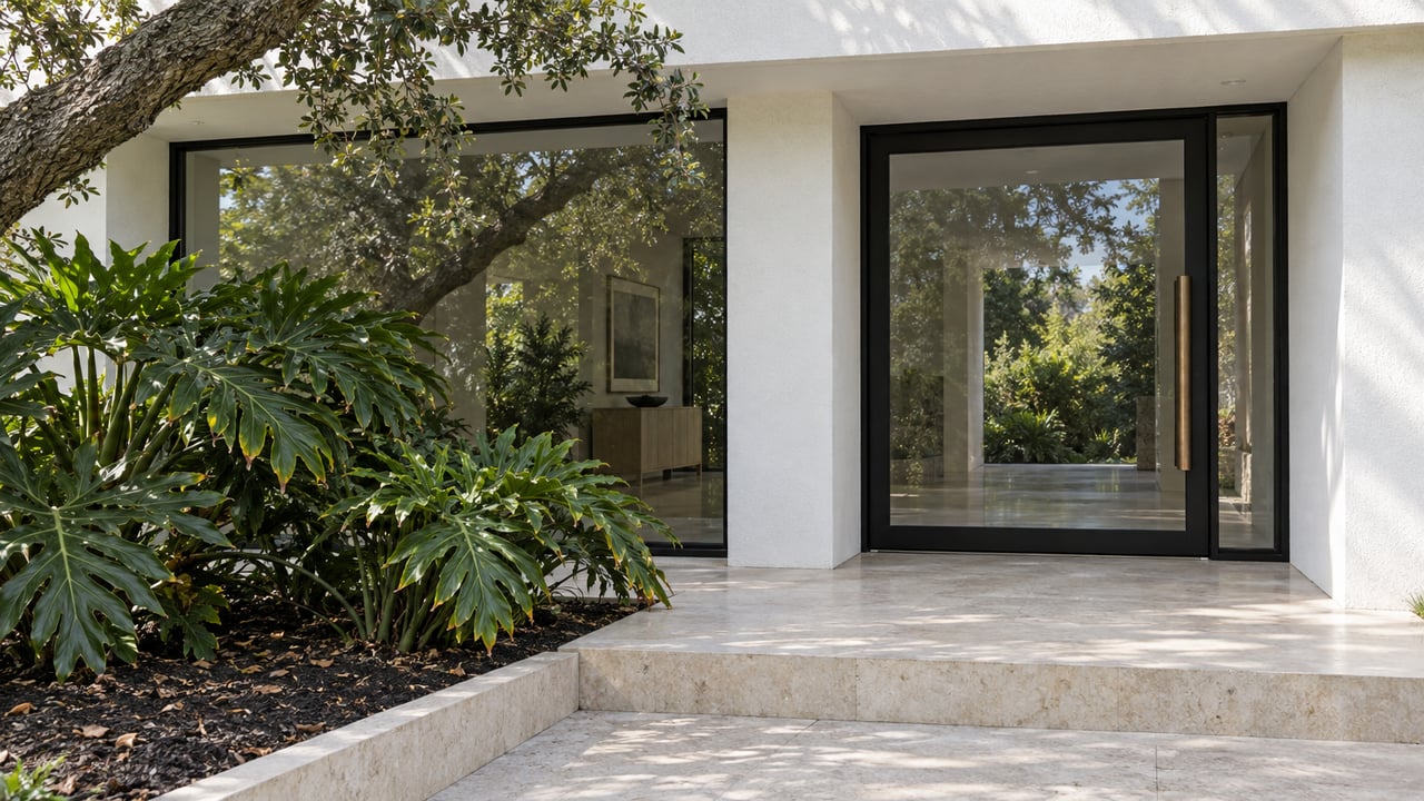 White stucco home entrance with black-framed glass, a limestone step, and deeply divided tropical leaves.