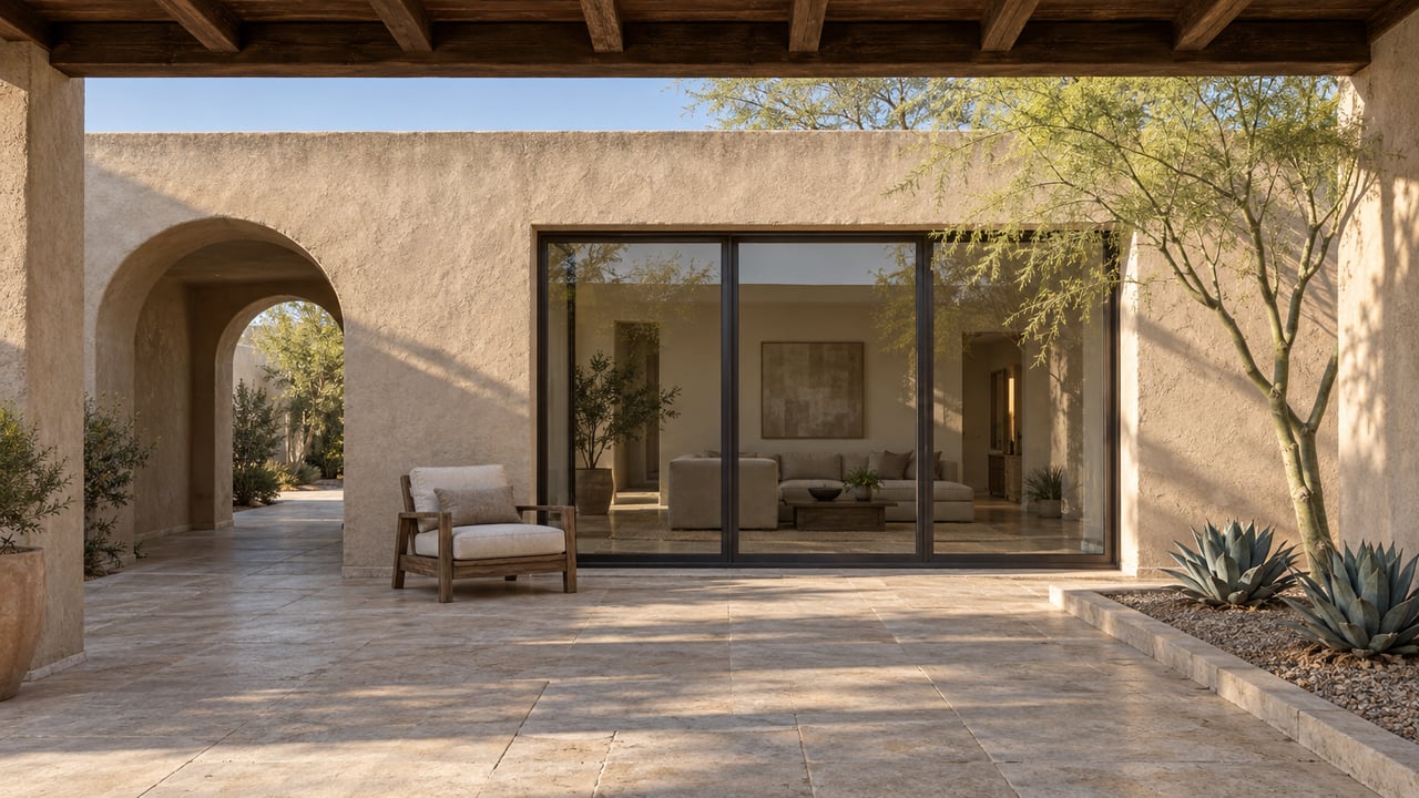 Sunlit stucco courtyard with timber ceiling, limestone paving, steel-framed living-room windows and sculptural desert planting.