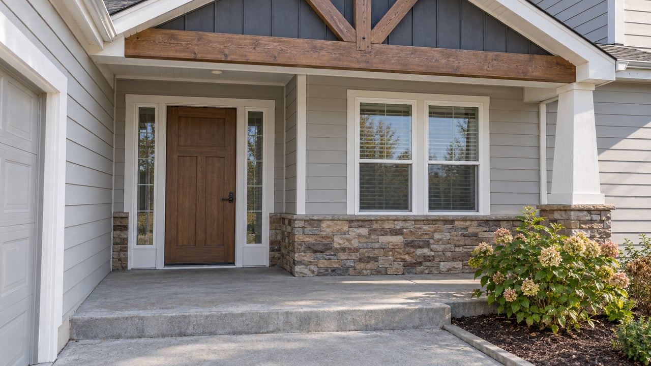 Close view of a covered home entry with gray siding, a brown door, white-framed windows, stone veneer and a concrete porch beside a flowering hydrangea.