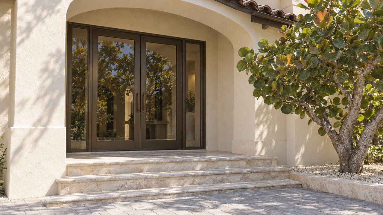 Sunlit ivory stucco entry with bronze-framed glass doors, worn limestone steps and a branching sea grape tree.